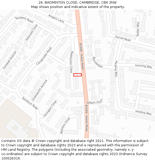 26, BADMINTON CLOSE, CAMBRIDGE, CB4 3NW: Location map and indicative extent of plot