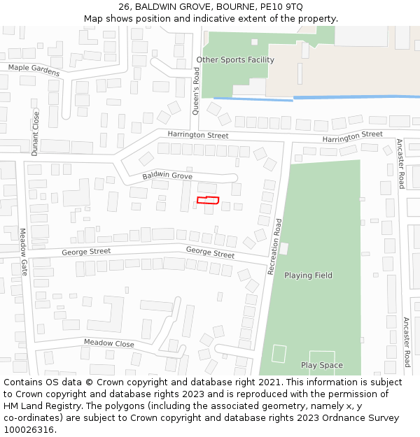 26, BALDWIN GROVE, BOURNE, PE10 9TQ: Location map and indicative extent of plot