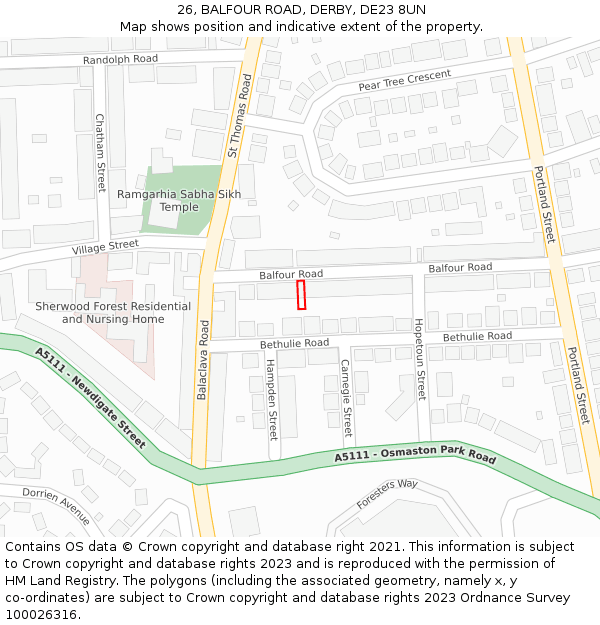 26, BALFOUR ROAD, DERBY, DE23 8UN: Location map and indicative extent of plot