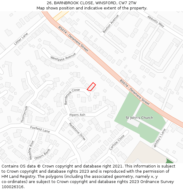 26, BARNBROOK CLOSE, WINSFORD, CW7 2TW: Location map and indicative extent of plot