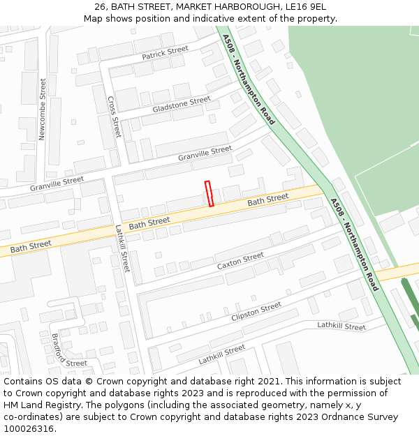 26, BATH STREET, MARKET HARBOROUGH, LE16 9EL: Location map and indicative extent of plot