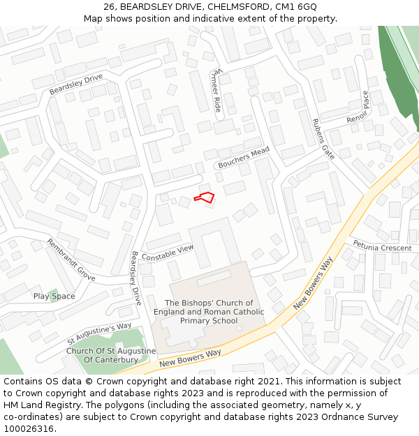 26, BEARDSLEY DRIVE, CHELMSFORD, CM1 6GQ: Location map and indicative extent of plot
