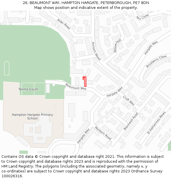 26, BEAUMONT WAY, HAMPTON HARGATE, PETERBOROUGH, PE7 8DN: Location map and indicative extent of plot