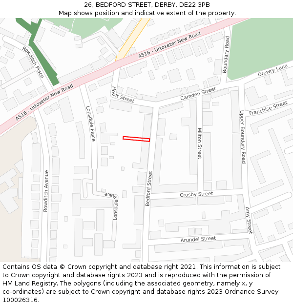 26, BEDFORD STREET, DERBY, DE22 3PB: Location map and indicative extent of plot