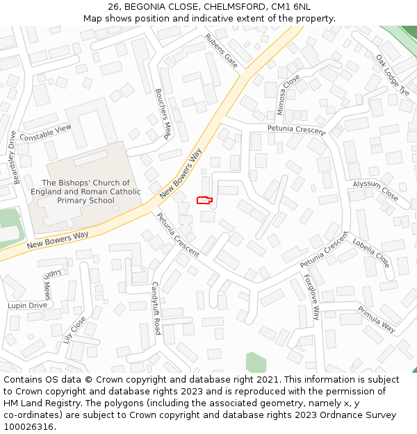 26, BEGONIA CLOSE, CHELMSFORD, CM1 6NL: Location map and indicative extent of plot