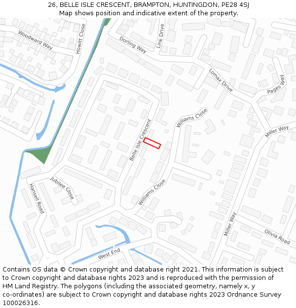 26, BELLE ISLE CRESCENT, BRAMPTON, HUNTINGDON, PE28 4SJ: Location map and indicative extent of plot