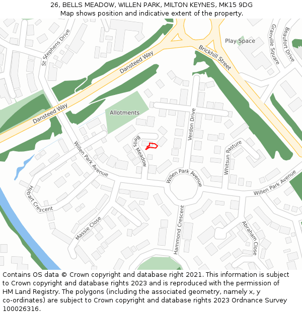26, BELLS MEADOW, WILLEN PARK, MILTON KEYNES, MK15 9DG: Location map and indicative extent of plot