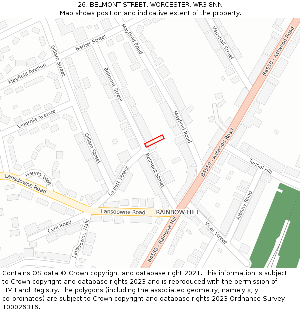 26, BELMONT STREET, WORCESTER, WR3 8NN: Location map and indicative extent of plot