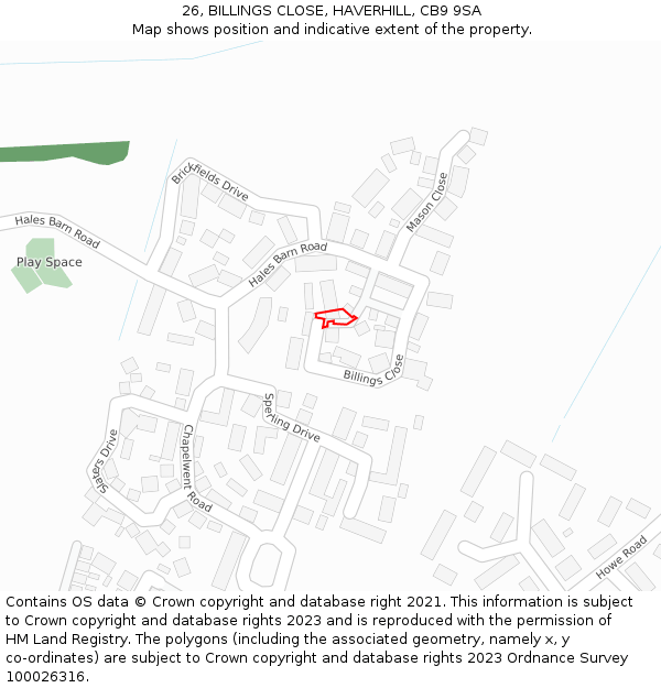 26, BILLINGS CLOSE, HAVERHILL, CB9 9SA: Location map and indicative extent of plot