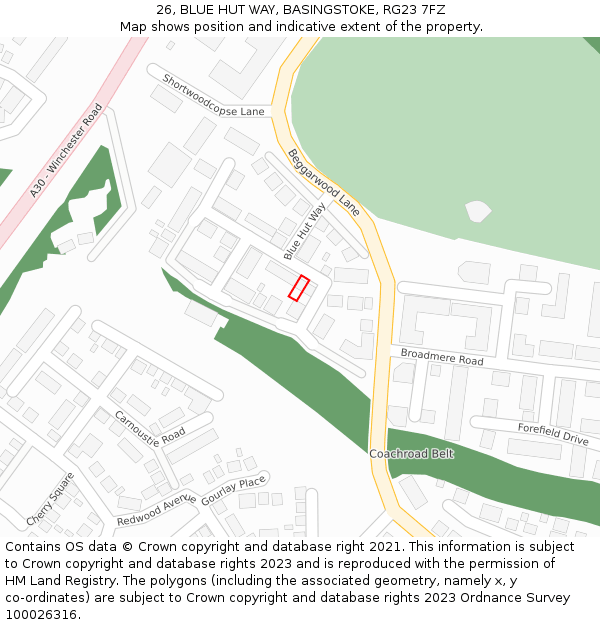 26, BLUE HUT WAY, BASINGSTOKE, RG23 7FZ: Location map and indicative extent of plot