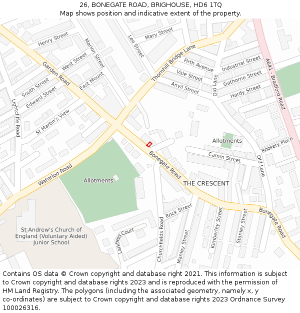 26, BONEGATE ROAD, BRIGHOUSE, HD6 1TQ: Location map and indicative extent of plot
