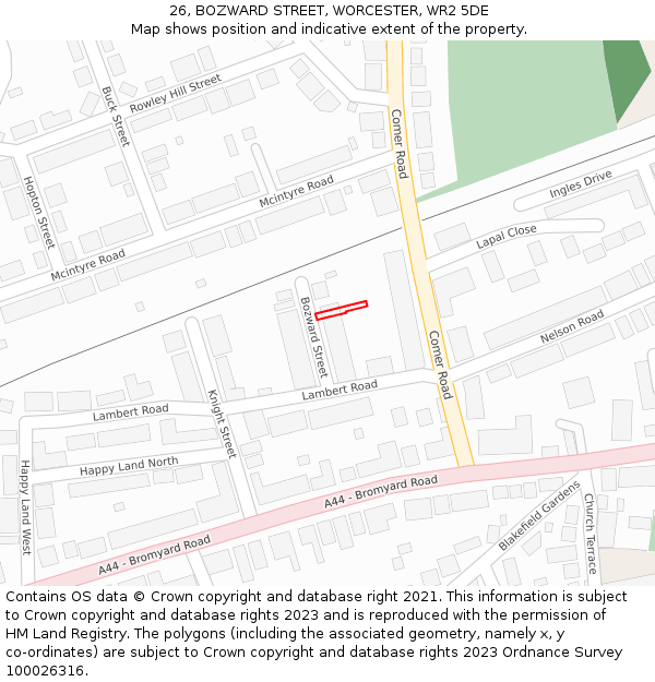 26, BOZWARD STREET, WORCESTER, WR2 5DE: Location map and indicative extent of plot