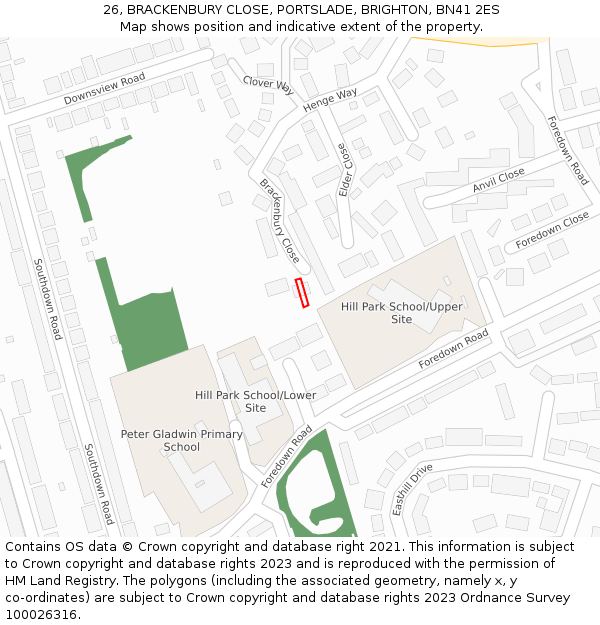 26, BRACKENBURY CLOSE, PORTSLADE, BRIGHTON, BN41 2ES: Location map and indicative extent of plot
