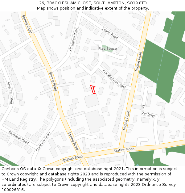 26, BRACKLESHAM CLOSE, SOUTHAMPTON, SO19 8TD: Location map and indicative extent of plot
