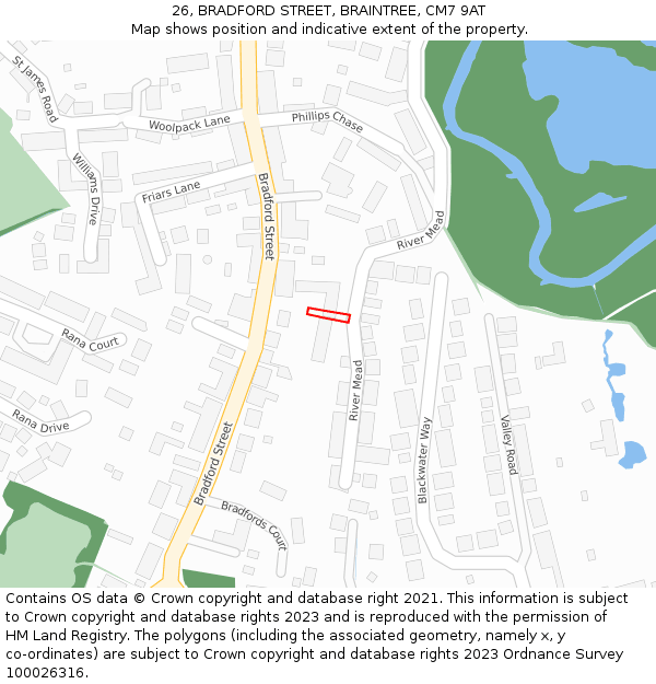 26, BRADFORD STREET, BRAINTREE, CM7 9AT: Location map and indicative extent of plot