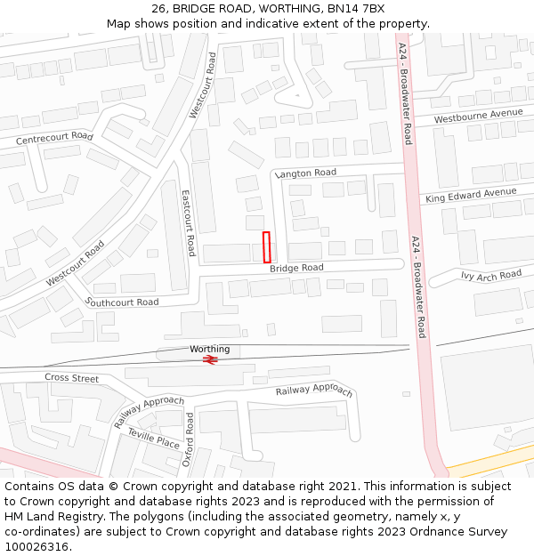 26, BRIDGE ROAD, WORTHING, BN14 7BX: Location map and indicative extent of plot