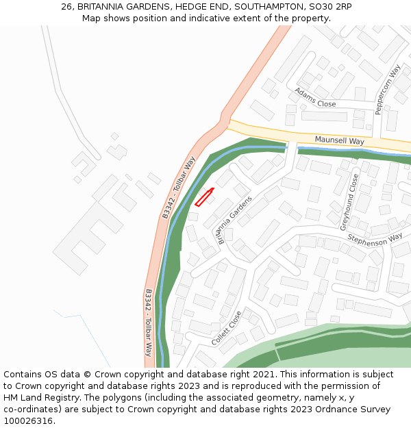 26, BRITANNIA GARDENS, HEDGE END, SOUTHAMPTON, SO30 2RP: Location map and indicative extent of plot