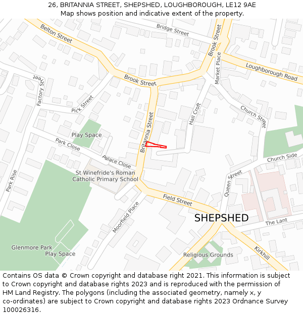 26, BRITANNIA STREET, SHEPSHED, LOUGHBOROUGH, LE12 9AE: Location map and indicative extent of plot
