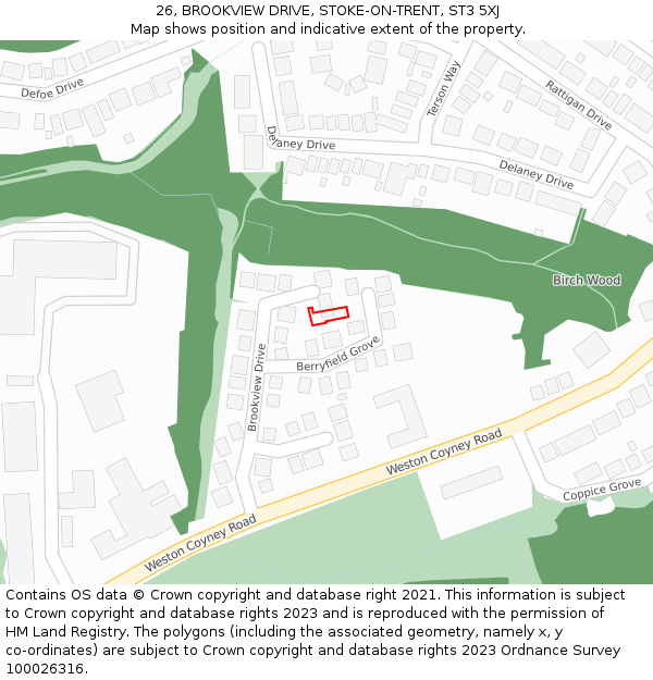 26, BROOKVIEW DRIVE, STOKE-ON-TRENT, ST3 5XJ: Location map and indicative extent of plot