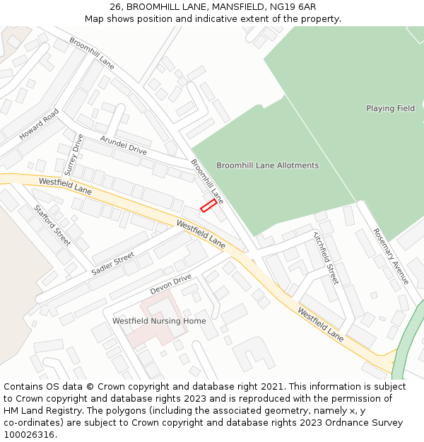 26, BROOMHILL LANE, MANSFIELD, NG19 6AR: Location map and indicative extent of plot
