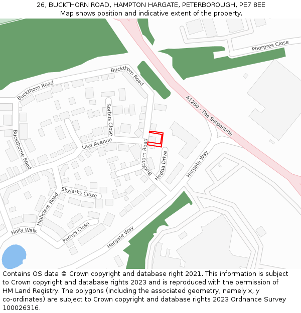 26, BUCKTHORN ROAD, HAMPTON HARGATE, PETERBOROUGH, PE7 8EE: Location map and indicative extent of plot