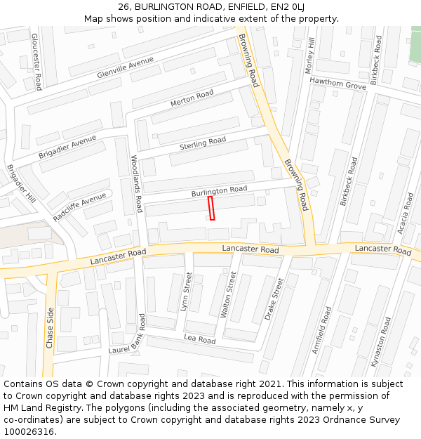 26, BURLINGTON ROAD, ENFIELD, EN2 0LJ: Location map and indicative extent of plot