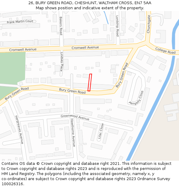 26, BURY GREEN ROAD, CHESHUNT, WALTHAM CROSS, EN7 5AA: Location map and indicative extent of plot