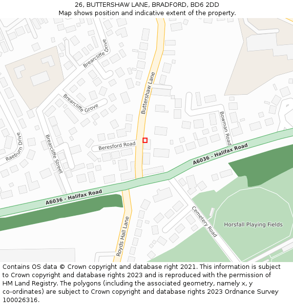 26, BUTTERSHAW LANE, BRADFORD, BD6 2DD: Location map and indicative extent of plot