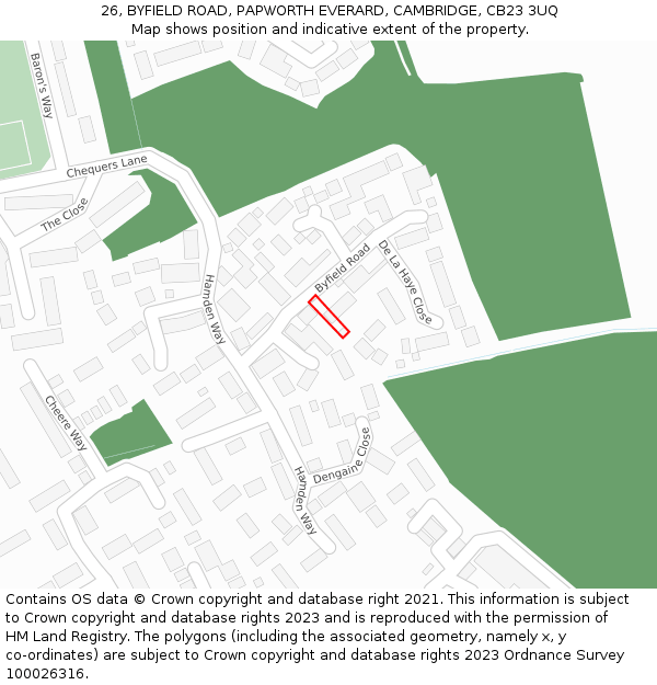 26, BYFIELD ROAD, PAPWORTH EVERARD, CAMBRIDGE, CB23 3UQ: Location map and indicative extent of plot