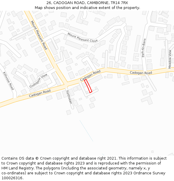 26, CADOGAN ROAD, CAMBORNE, TR14 7RX: Location map and indicative extent of plot