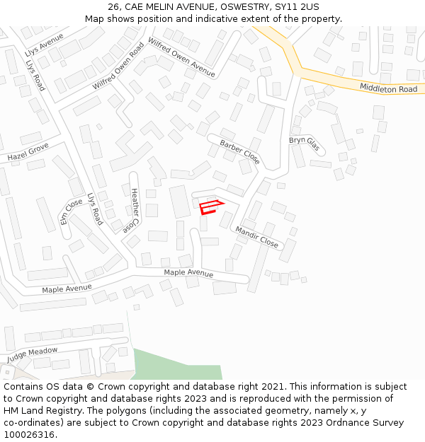 26, CAE MELIN AVENUE, OSWESTRY, SY11 2US: Location map and indicative extent of plot