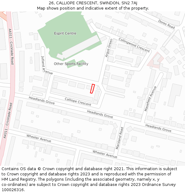 26, CALLIOPE CRESCENT, SWINDON, SN2 7AJ: Location map and indicative extent of plot
