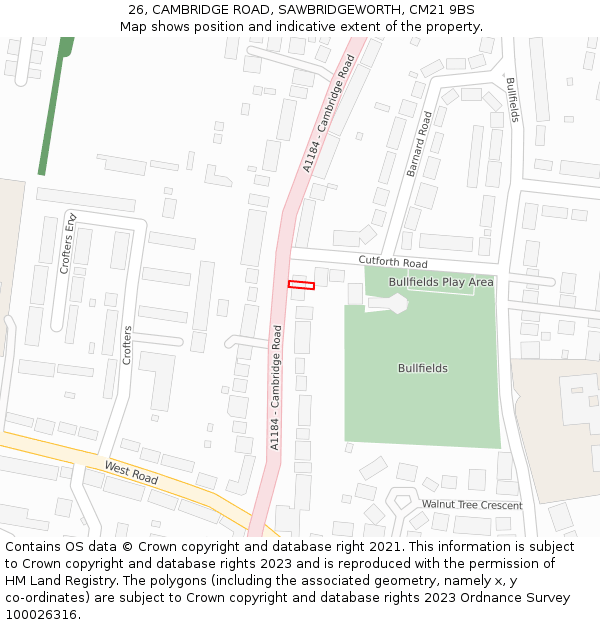 26, CAMBRIDGE ROAD, SAWBRIDGEWORTH, CM21 9BS: Location map and indicative extent of plot