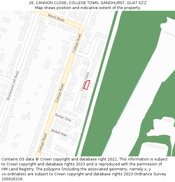 26, CANNON CLOSE, COLLEGE TOWN, SANDHURST, GU47 0ZZ: Location map and indicative extent of plot