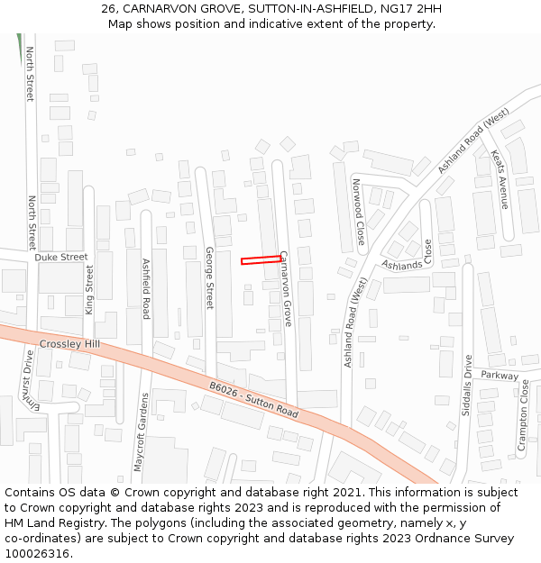 26, CARNARVON GROVE, SUTTON-IN-ASHFIELD, NG17 2HH: Location map and indicative extent of plot