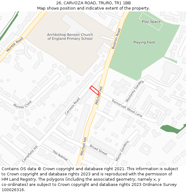 26, CARVOZA ROAD, TRURO, TR1 1BB: Location map and indicative extent of plot