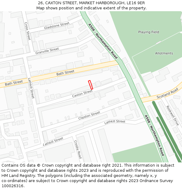 26, CAXTON STREET, MARKET HARBOROUGH, LE16 9ER: Location map and indicative extent of plot