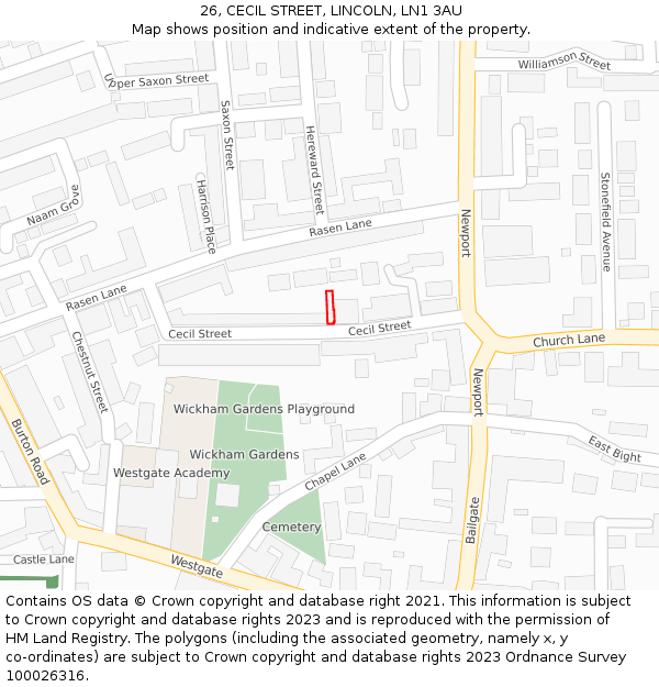 26, CECIL STREET, LINCOLN, LN1 3AU: Location map and indicative extent of plot