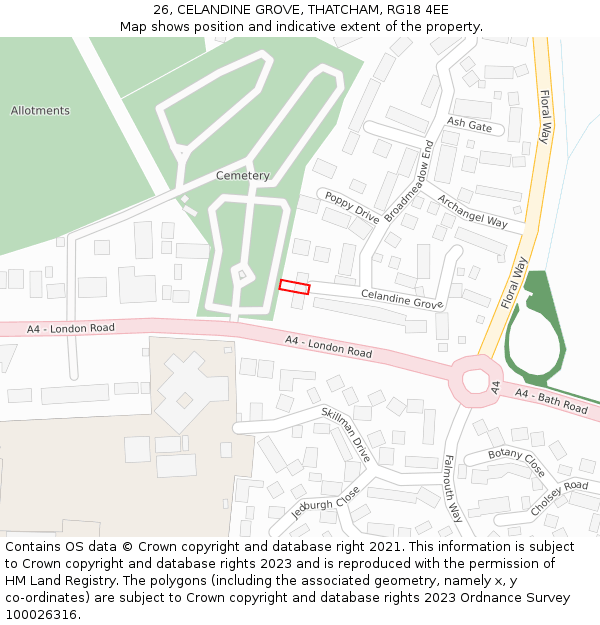 26, CELANDINE GROVE, THATCHAM, RG18 4EE: Location map and indicative extent of plot