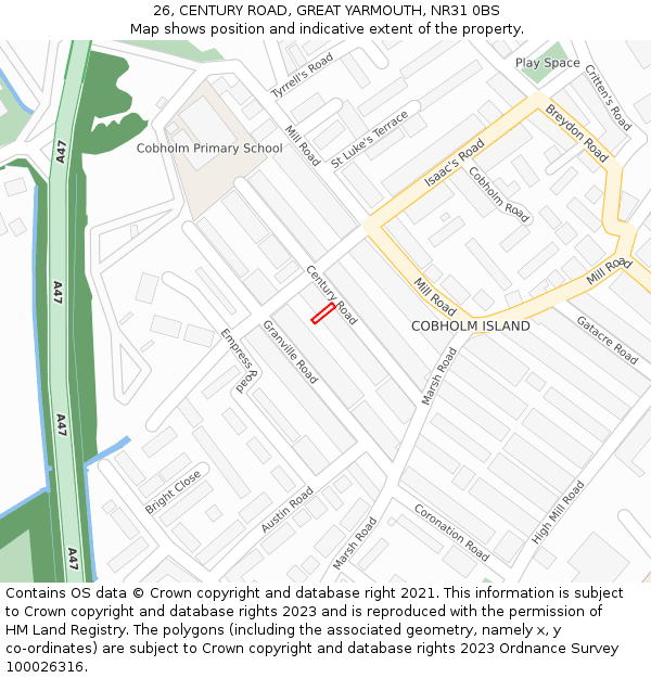 26, CENTURY ROAD, GREAT YARMOUTH, NR31 0BS: Location map and indicative extent of plot