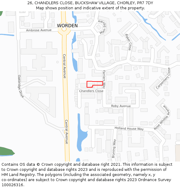 26, CHANDLERS CLOSE, BUCKSHAW VILLAGE, CHORLEY, PR7 7DY: Location map and indicative extent of plot