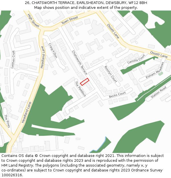 26, CHATSWORTH TERRACE, EARLSHEATON, DEWSBURY, WF12 8BH: Location map and indicative extent of plot