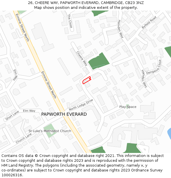 26, CHEERE WAY, PAPWORTH EVERARD, CAMBRIDGE, CB23 3NZ: Location map and indicative extent of plot