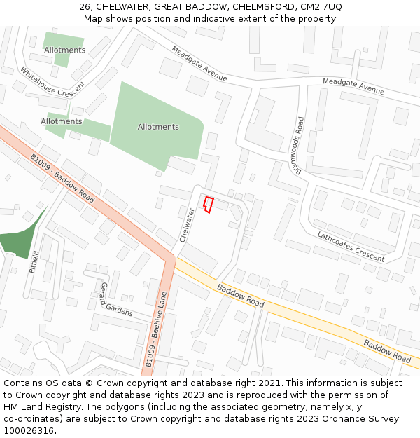 26, CHELWATER, GREAT BADDOW, CHELMSFORD, CM2 7UQ: Location map and indicative extent of plot