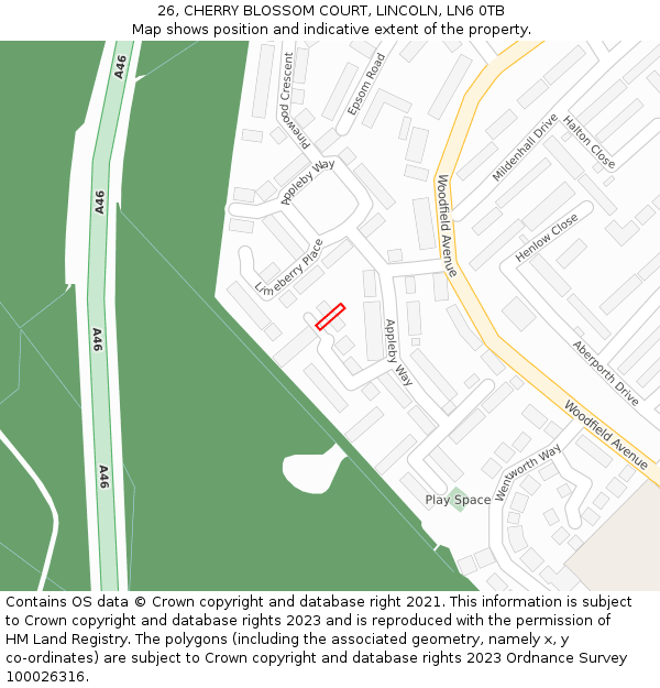 26, CHERRY BLOSSOM COURT, LINCOLN, LN6 0TB: Location map and indicative extent of plot