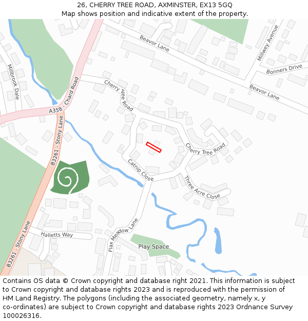 26, CHERRY TREE ROAD, AXMINSTER, EX13 5GQ: Location map and indicative extent of plot