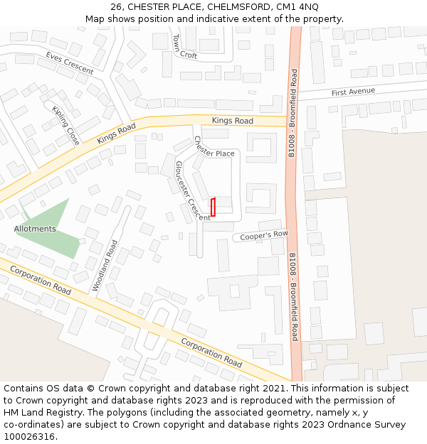 26, CHESTER PLACE, CHELMSFORD, CM1 4NQ: Location map and indicative extent of plot