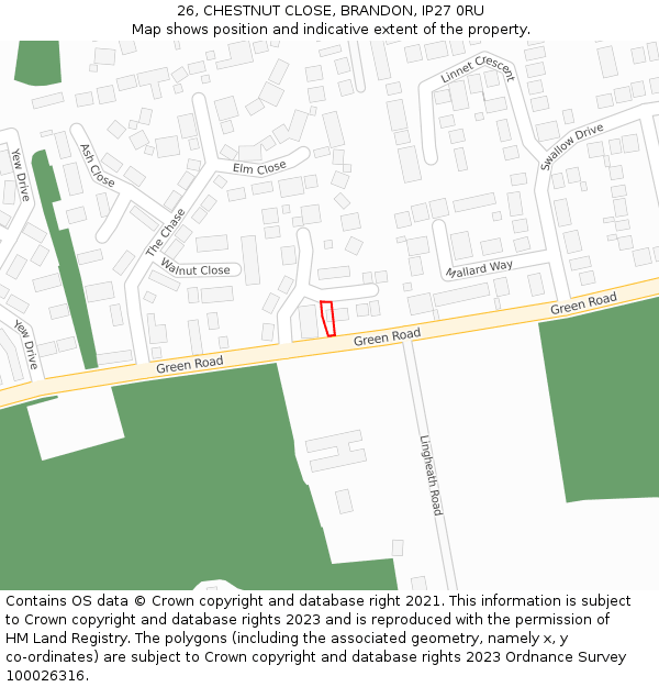 26, CHESTNUT CLOSE, BRANDON, IP27 0RU: Location map and indicative extent of plot