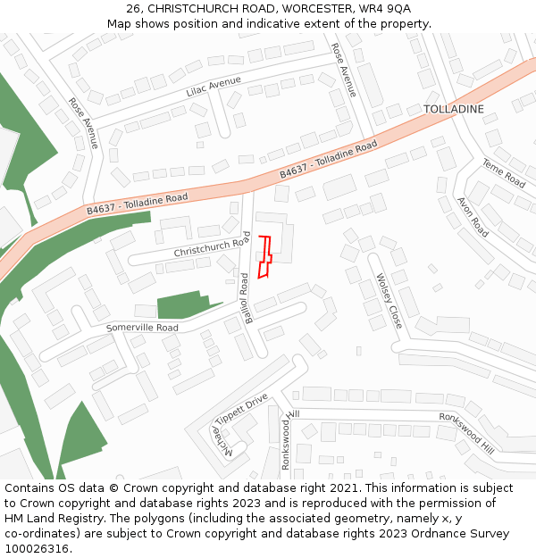 26, CHRISTCHURCH ROAD, WORCESTER, WR4 9QA: Location map and indicative extent of plot