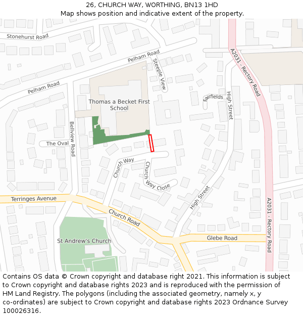26, CHURCH WAY, WORTHING, BN13 1HD: Location map and indicative extent of plot